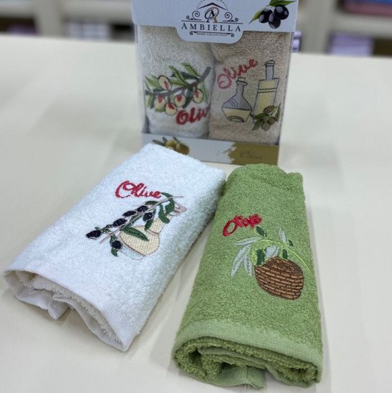 Комплект махровых полотенец для кухни 2 шт. "Ambiella" Олива кремовый/зеленый v3 30*50 см