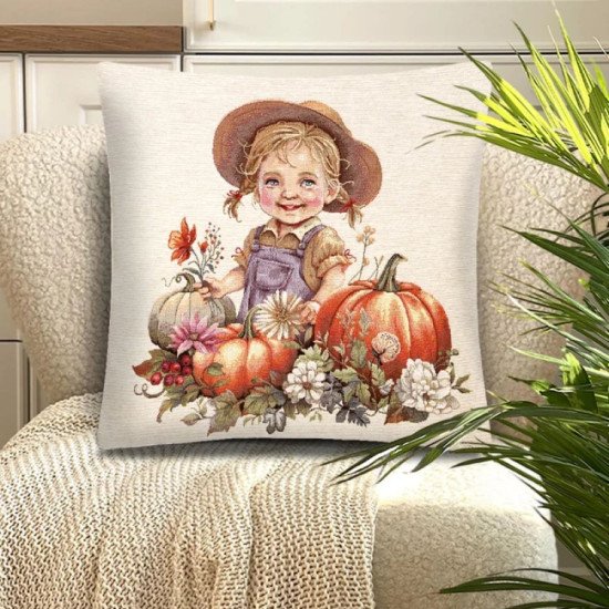 Декоративная наволочка "Гобелен"  Тыквы и подсолнухи Девочка  45*45 (±2) см