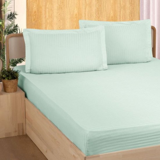 Простыня на резинке с наволочками "Karven" Stripe Satin ментоловый 160*200 высота 28 см, 50*70 см-2 шт.