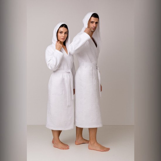 Халат вафельный  Дубки с капюшоном, белый 46-48 (M/L)