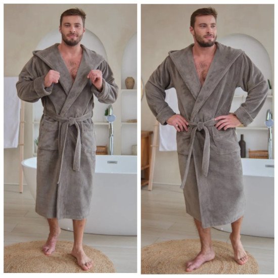 Халат мужской велюровый "Vien" Maximus с капюшоном beige 50 (XL)