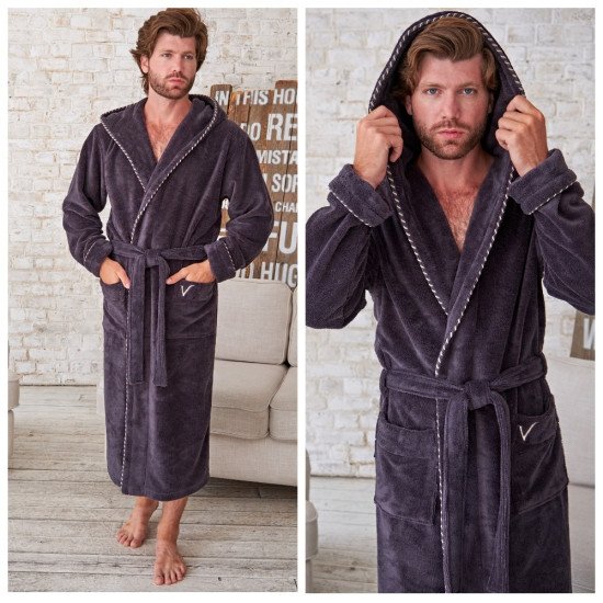 Халат мужской велюровый "Vien" Zevs с капюшоном антрацит 52 (2XL)