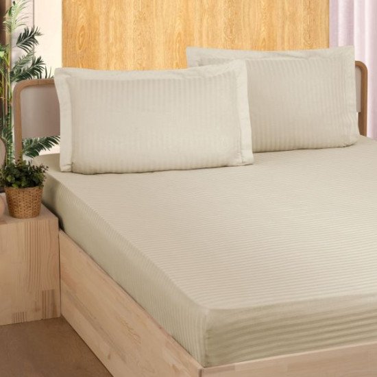 Простыня на резинке с наволочками "Karven" Stripe Satin темно-бежевый 160*200 высота 28 см, 50*70 см-2 шт.