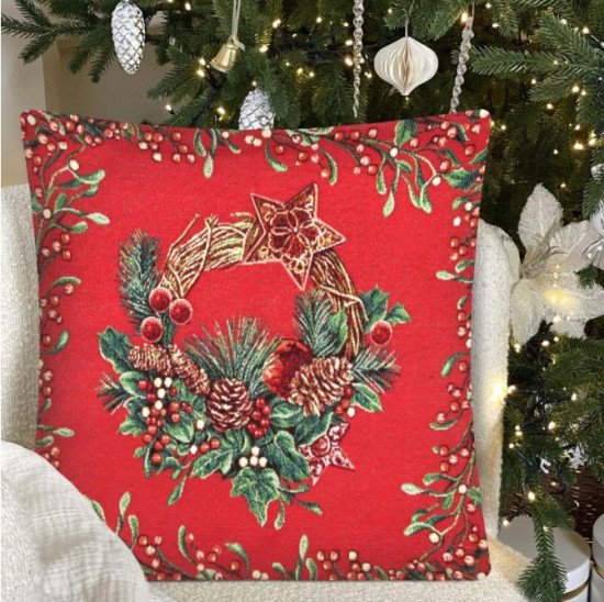 Декоративная наволочка "Гобелен" НГ Рождественский венок ягоды красный фон 45*45 (±2) см