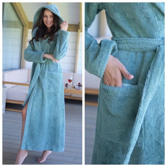 Халат женский махровый "Vien" Eco Cotton с капюшоном aquamarine  46 (M)