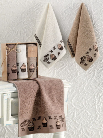 Комплект махровых полотенец для кухни 3 шт. "Karna" Cupcake 30*50 см