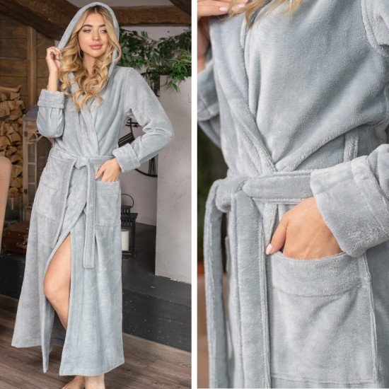 Халат женский велюровый "Vien" Lady с капюшоном grey 52 (2XL)